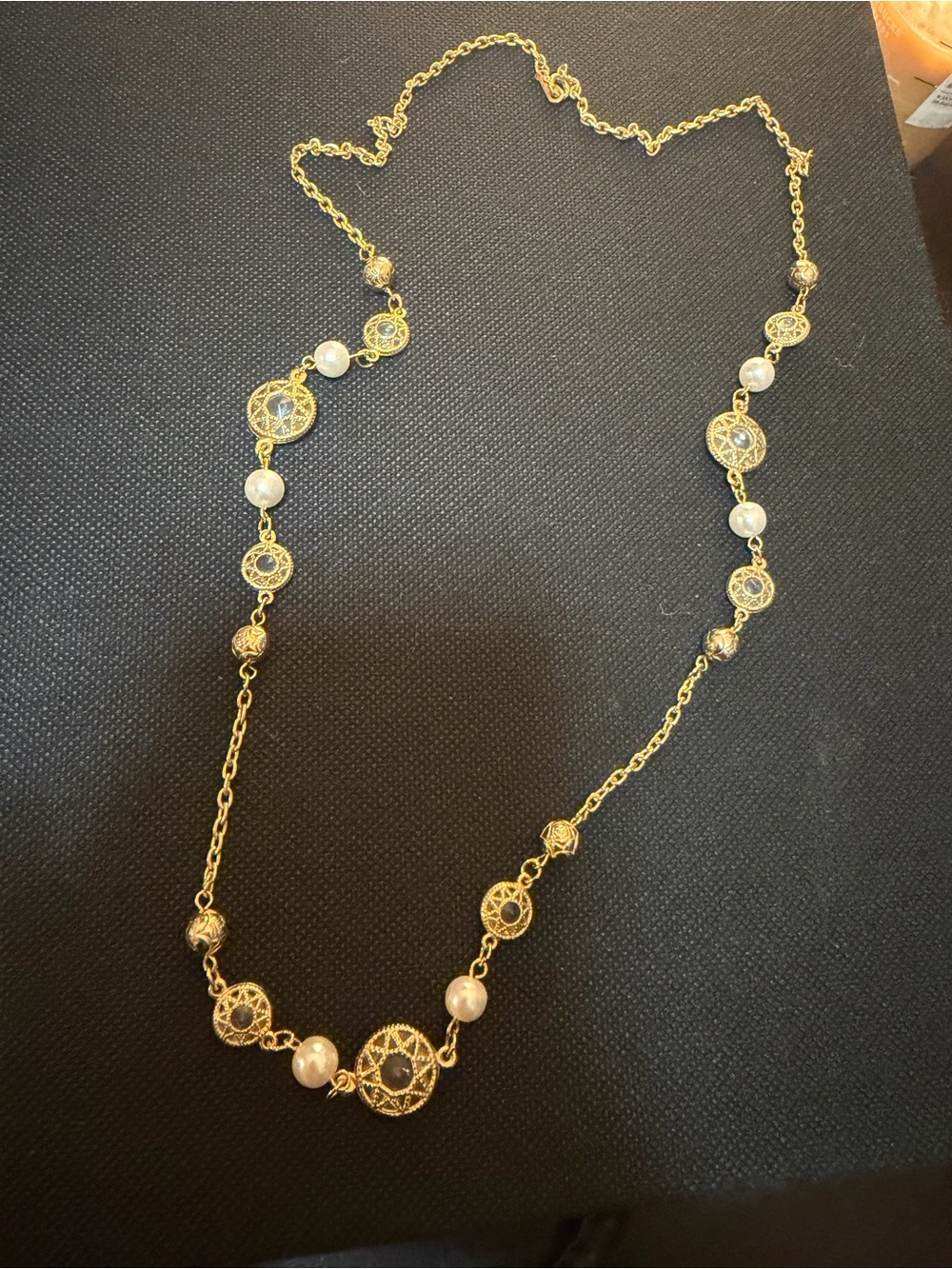 Long Gold Filigree and Pearl Station Necklace - Elegant Women’s Jewelry